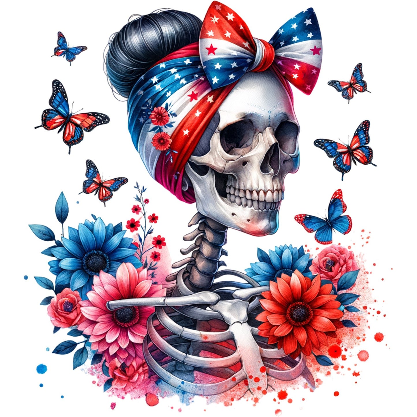 Patriotic Floral Skeleton - DTF Transfer - SnappyDTF.com