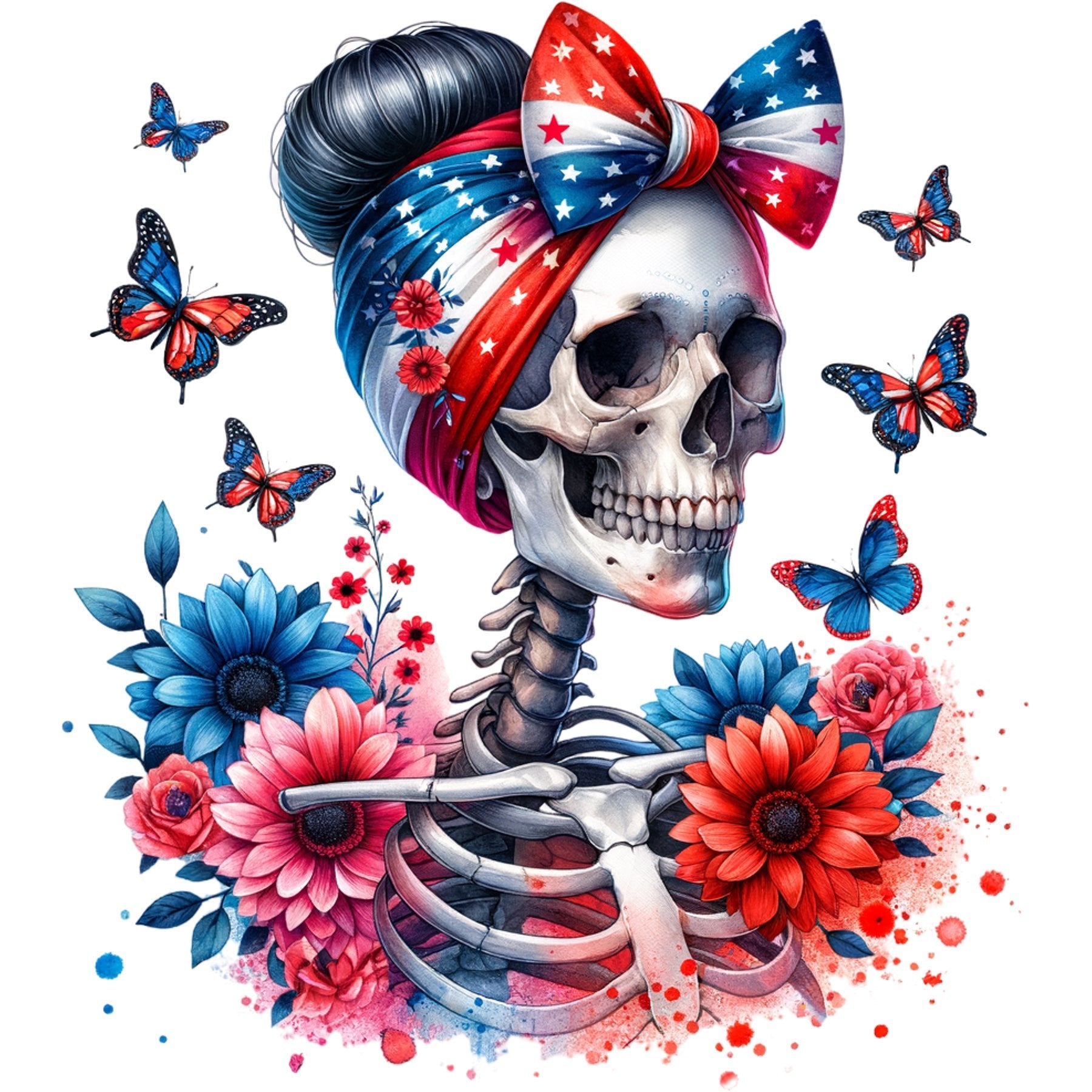 Patriotic Floral Skeleton - DTF Transfer - SnappyDTF.com